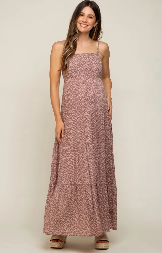 Mauve Ditsy Floral Tiered Maternity Maxi Dress