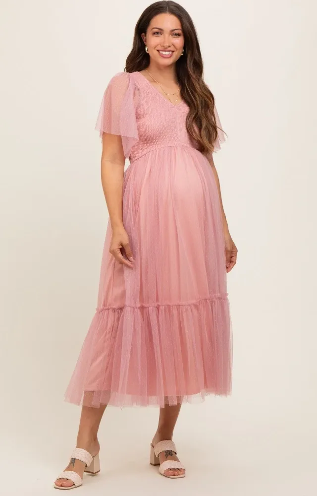 Mauve Dotted Tulle Smocked Maternity Midi Dress