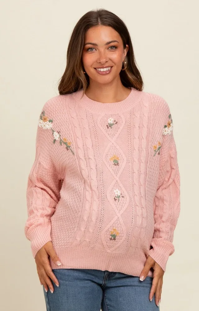 Mauve Embroidered Flower Cable Knit Maternity Sweater