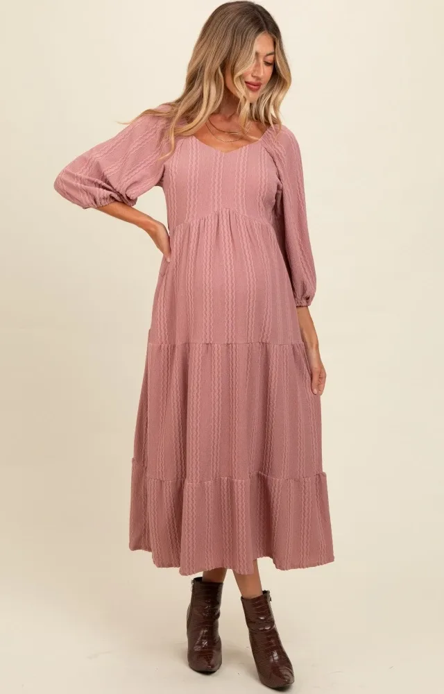 Mauve Embroidered Tiered Maternity Midi Dress