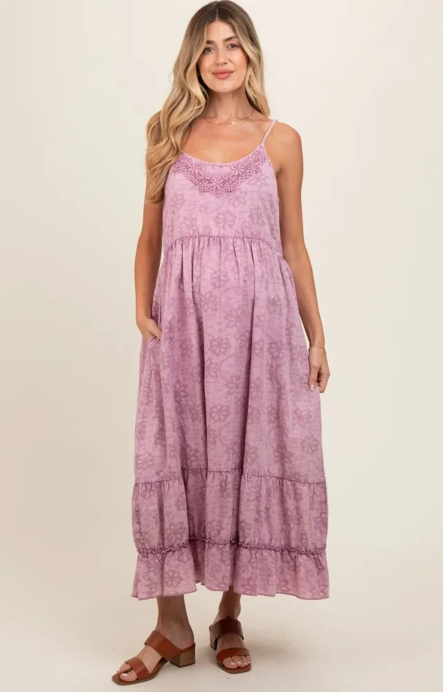 Mauve Embroidered Vintage Wash Maternity Midi Dress