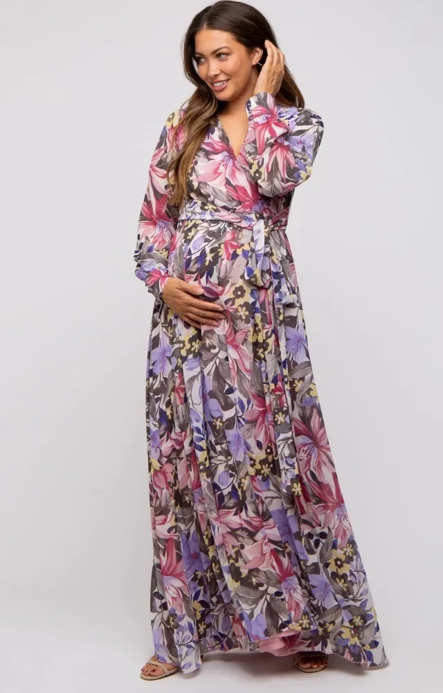 Mauve Floral Chiffon Wrap Front V-Neck Long Sleeve Maternity Maxi Dress