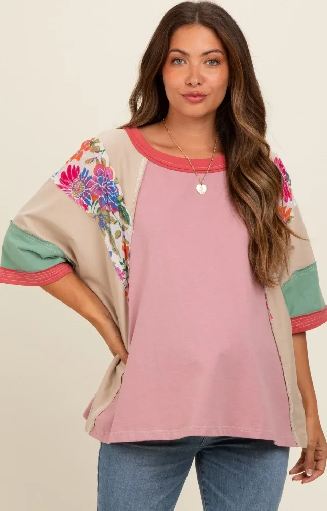 Mauve Floral Colorblock Raw Hem Maternity Oversized Top