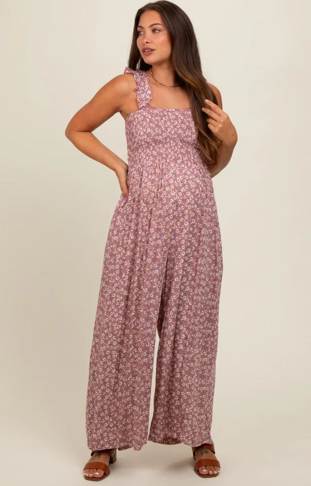 Mauve Floral Flowy Maternity Jumpsuit