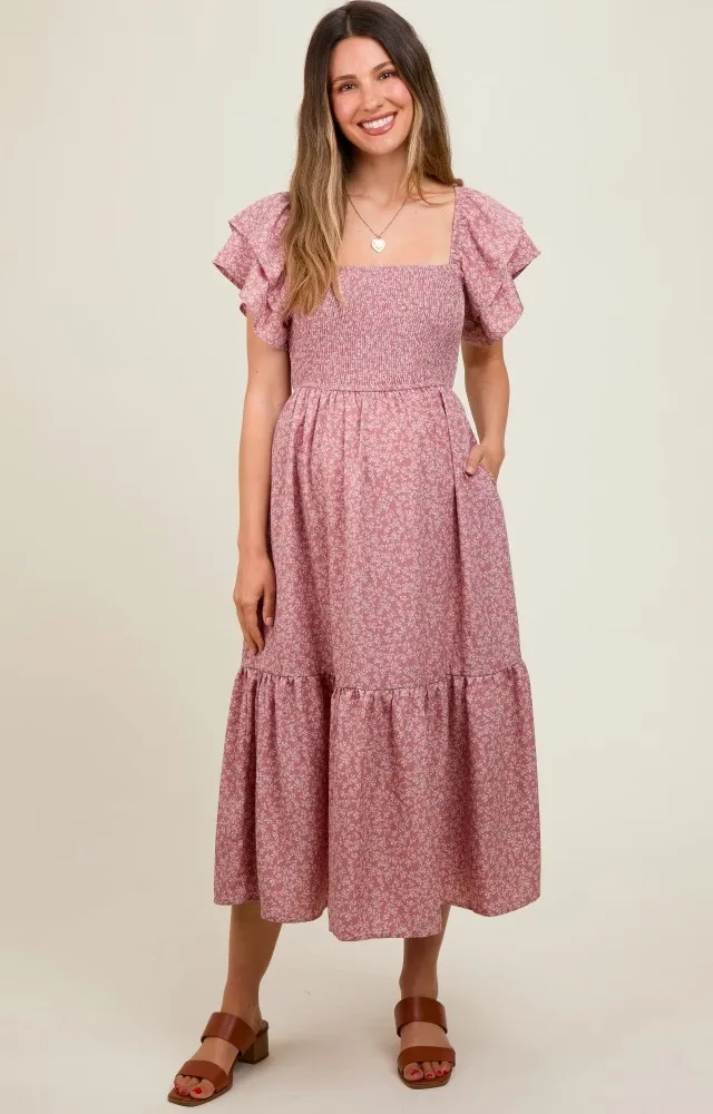 Mauve Floral Flutter Sleeve Tiered Maternity Dress