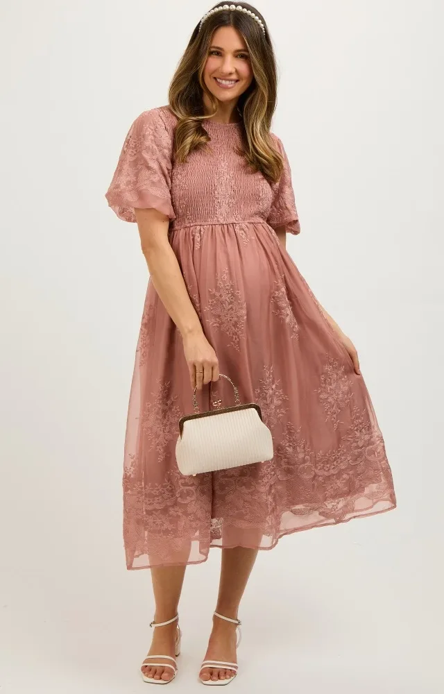 Mauve Floral Lace Smocked Maternity Midi Dress