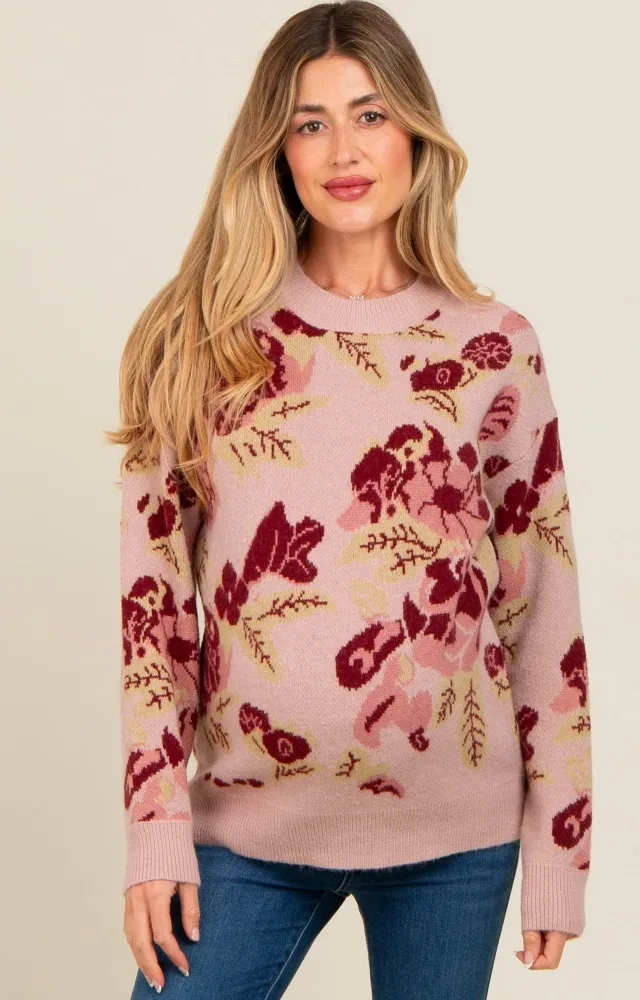 Mauve Floral Print Crew Neck Maternity Sweater