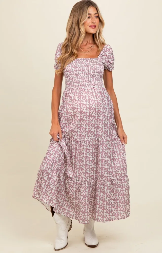 Mauve Floral Puff Sleeve Smocked Maternity Maxi Dress