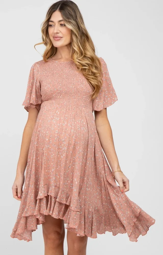 Mauve Floral Smocked Ruffle Maternity Dress