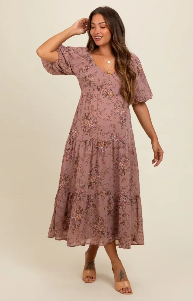 Mauve Floral Tiered Puff Sleeve Maternity Maxi Dress