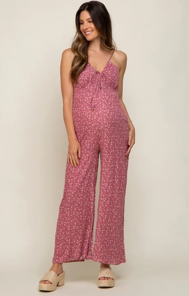 Mauve Floral V-Neck Front Tie Sleeveless Maternity Jumpsuit