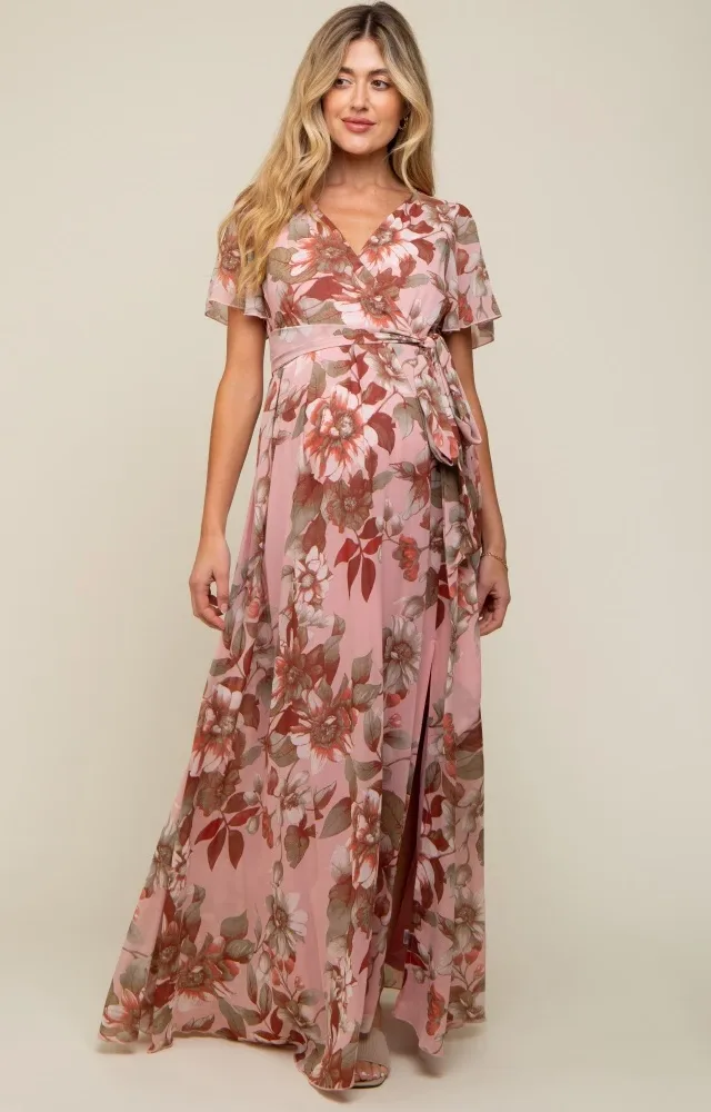 Mauve Floral V-Neck Side Slit Maternity Dress