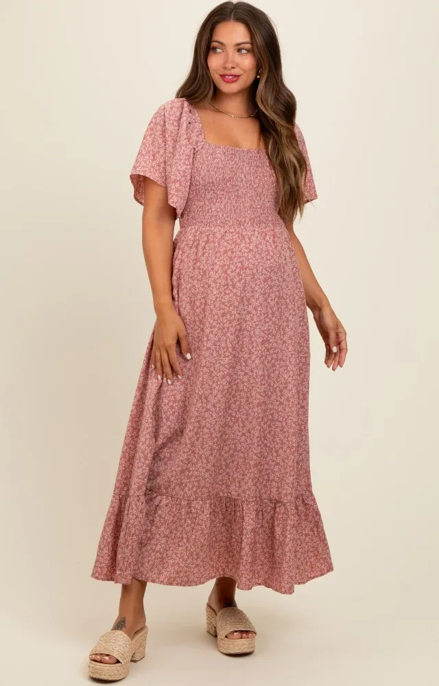 Mauve Flowy Ditsy Floral Smocked Maternity Midi Dress