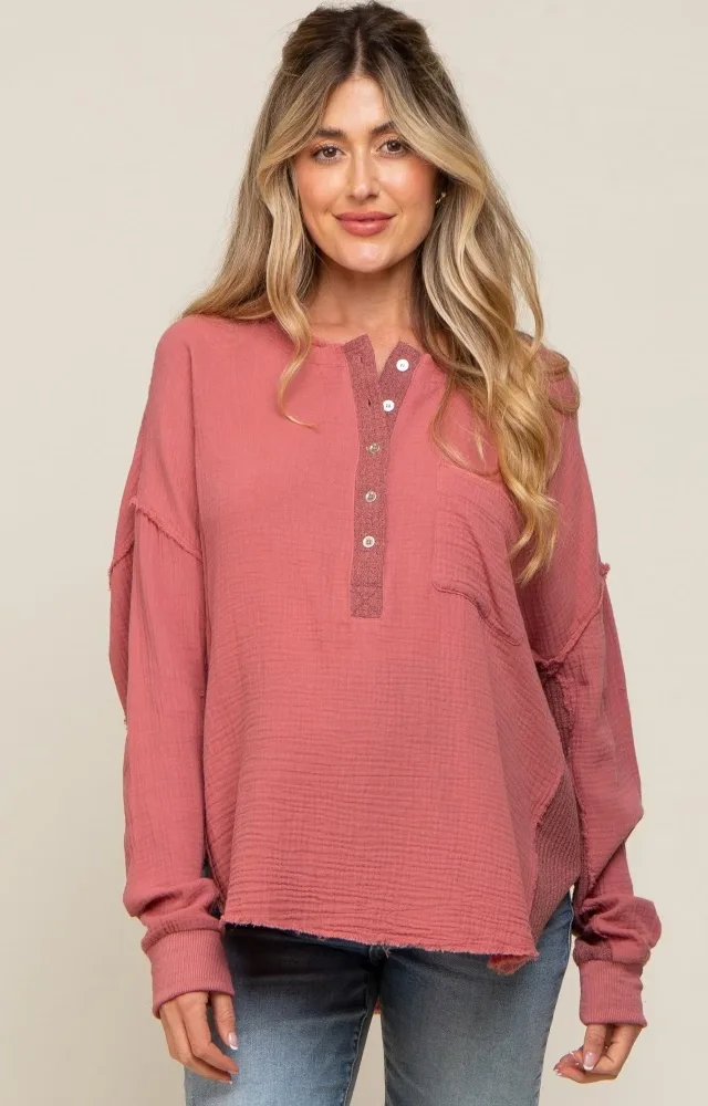 Mauve Front Button Drop Shoulder Long Sleeve Maternity Top