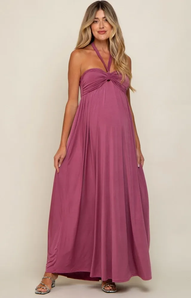 Mauve Front Knot Halter Maternity Maxi Dress