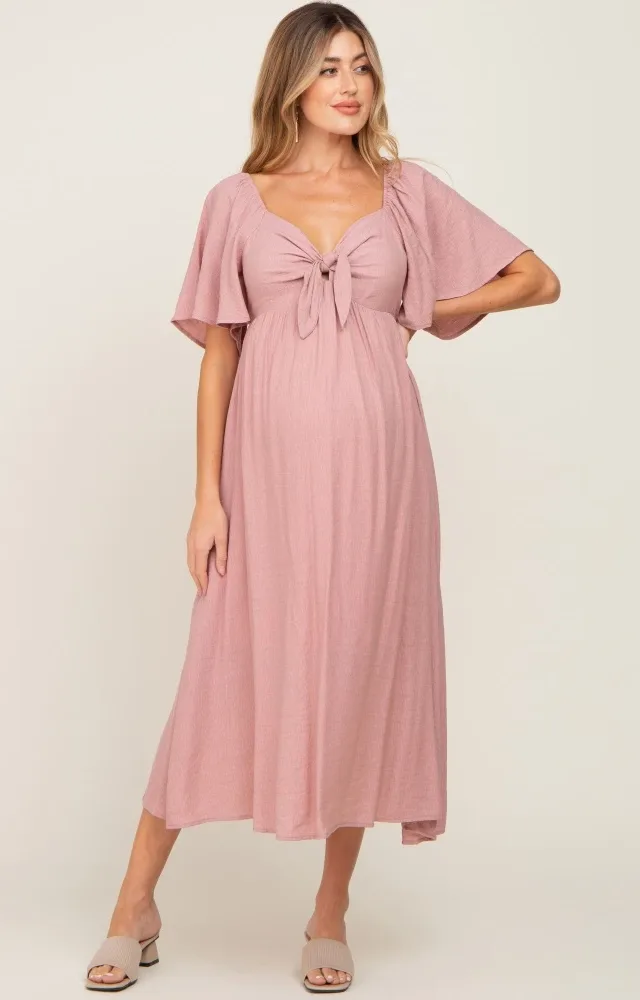 Mauve Front Tie Ruffle Sleeve Maternity Midi Dress