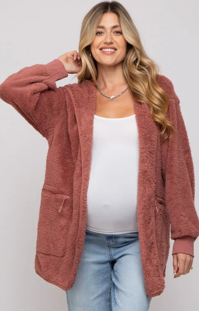 Mauve Fuzzy Knit Hooded Maternity Jacket