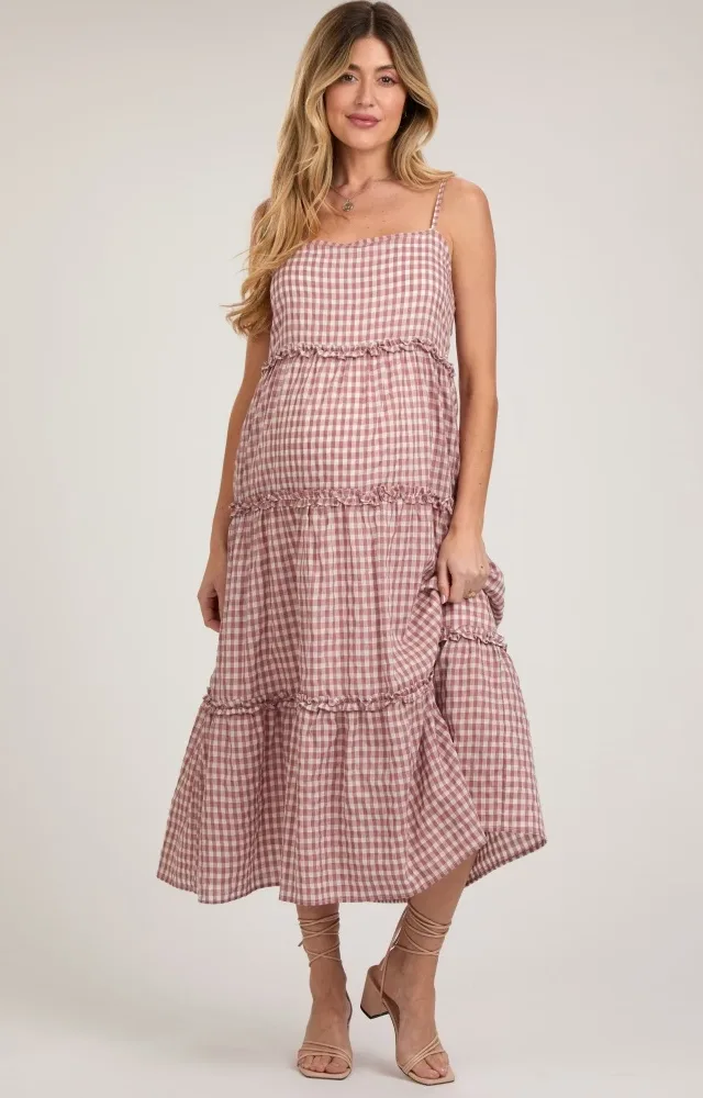 Mauve Gingham Ruffle Tiered Maternity Midi Dress