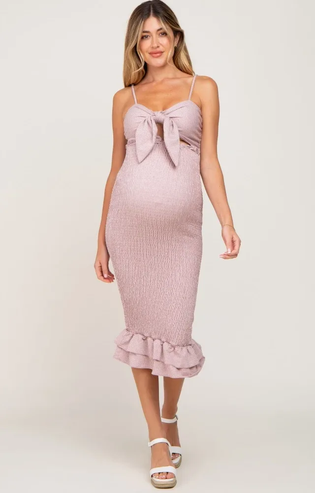 Mauve Gingham Smocked Self-Tie Maternity Midi Dress