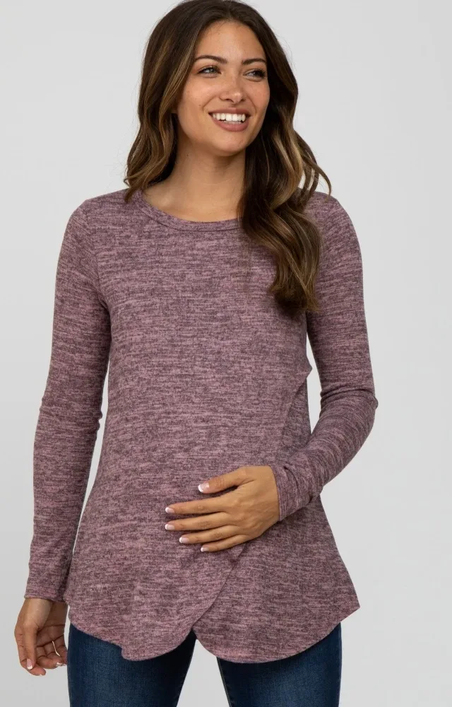 Mauve Heather Knit Layered Front Maternity/Nursing Top