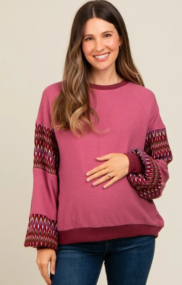 Mauve Knit Contrast Sleeve Maternity Pullover