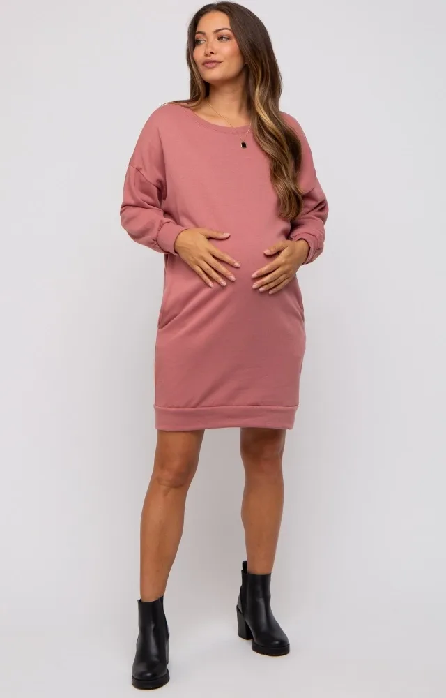 Mauve Long Sleeve Fleece Lined Maternity Dress