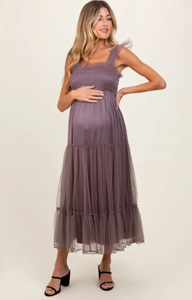 Mauve Mesh Overlay Smocked Maternity Midi Dress