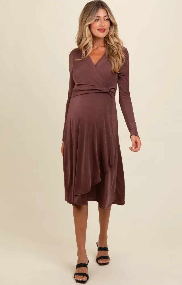 Mauve Metallic Twist Detail Wrap Maternity Midi Dress