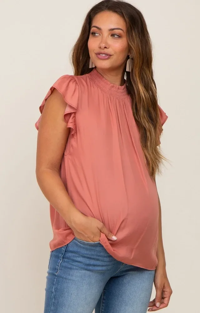 Mauve Mock Neck Flutter Maternity Blouse