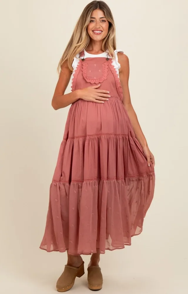 Mauve Overall Crochet Lace Tiered Maternity Dress