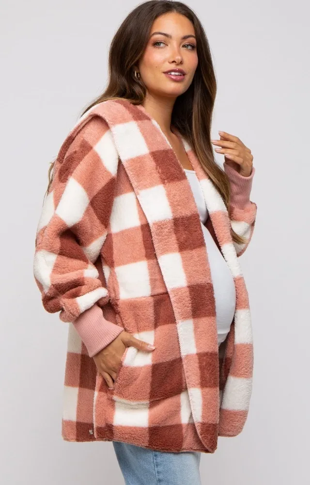 Mauve Plaid Maternity Hooded Cardigan