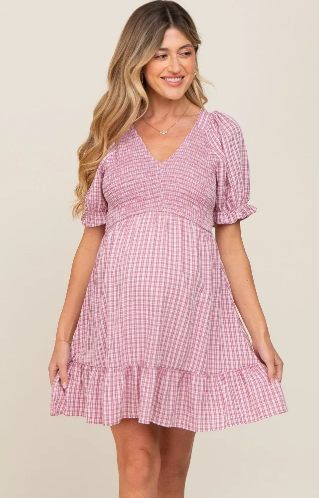 Mauve Plaid Smocked Puff Short Sleeve Maternity Dress