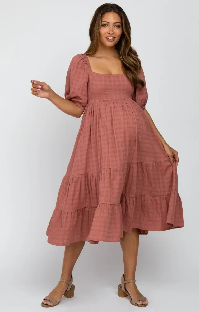 Mauve Plaid Square Neck Maternity Midi Dress