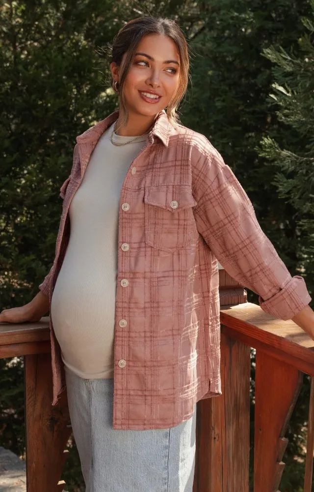 Mauve Plaid Textured Maternity Shirt Jacket