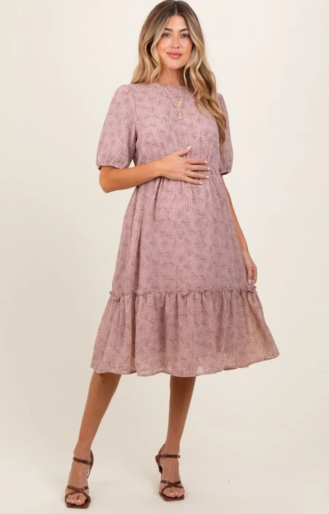 Mauve Printed Textured Maternity Midi Dress