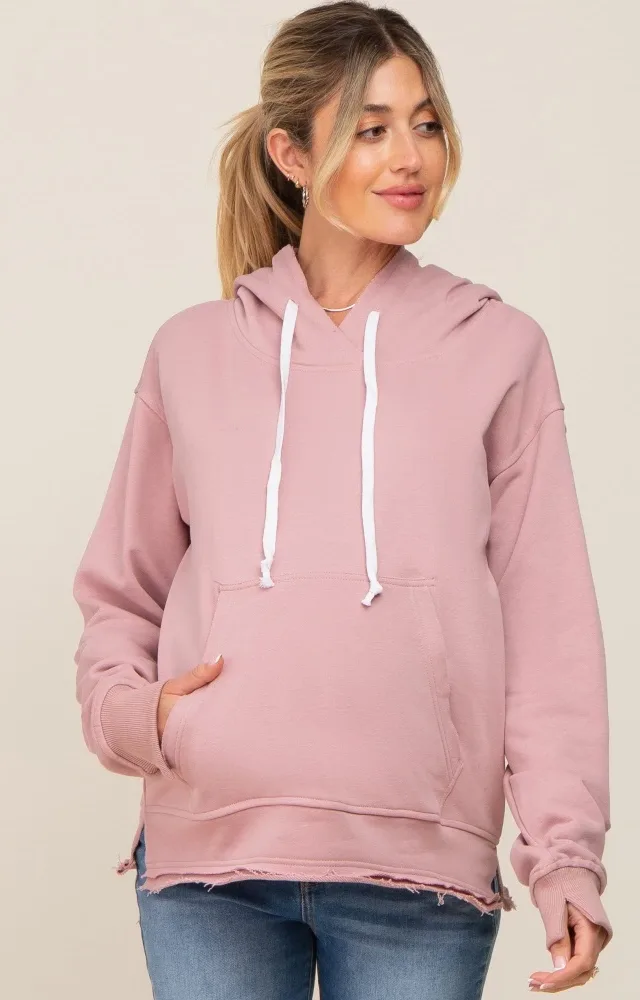 Mauve Raw Edge Trim Maternity Drawstring Hoodie