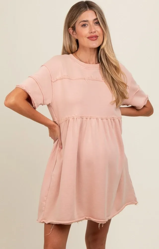 Mauve Raw Hem Maternity Short Sleeve Dress