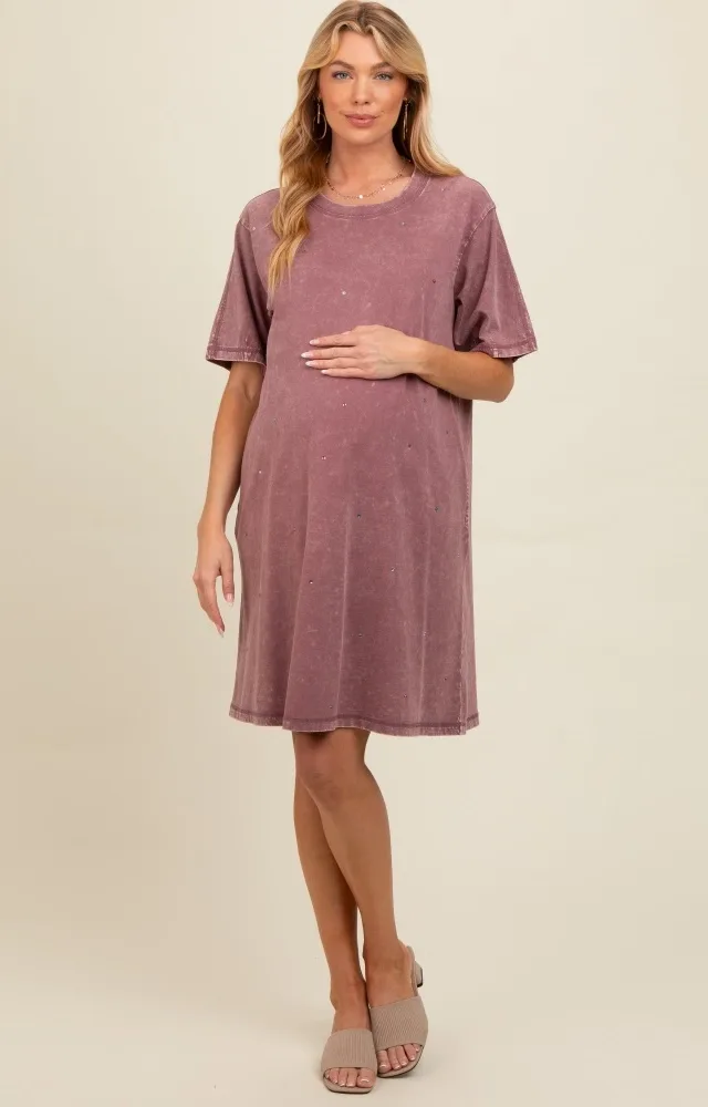 Mauve Rhinestone Mineral Washed Maternity T-Shirt Dress