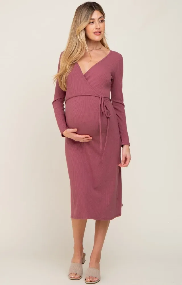 Mauve Rib Knit Long Sleeve Maternity Wrap Dress