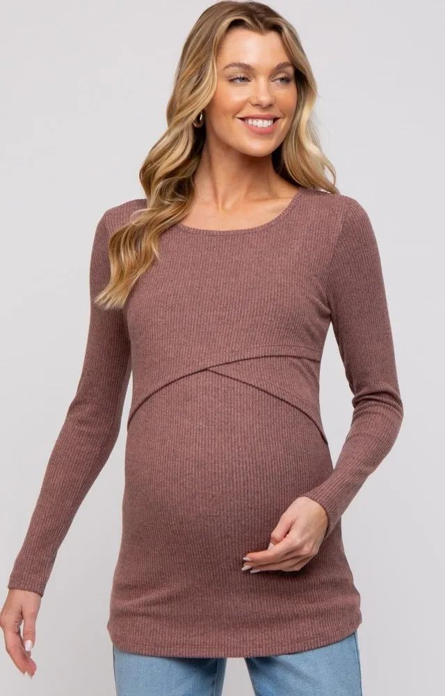 Mauve Ribbed Crossover Maternity/Nursing Top