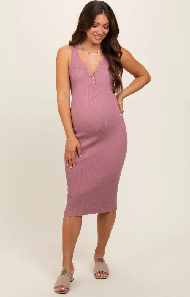 Mauve Ribbed Fitted Sleeveless Snap Button Maternity Dress