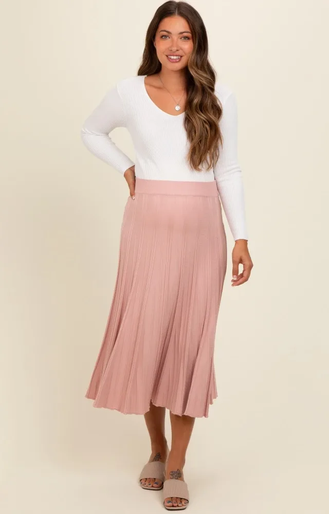 Mauve Ribbed Knit A-Line Midi Maternity Skirt