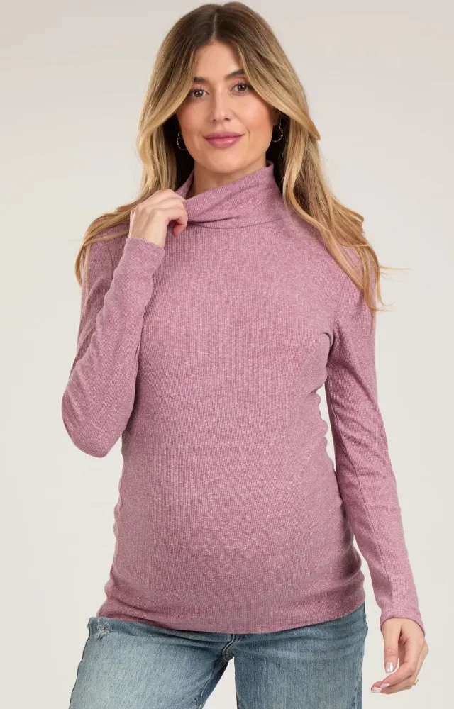 Mauve Ribbed Mock Neck Long Sleeve Maternity Top