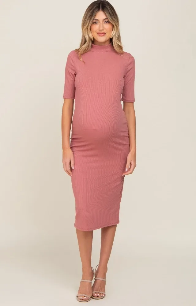 Mauve Ribbed Mock Neck Maternity Midi Dress