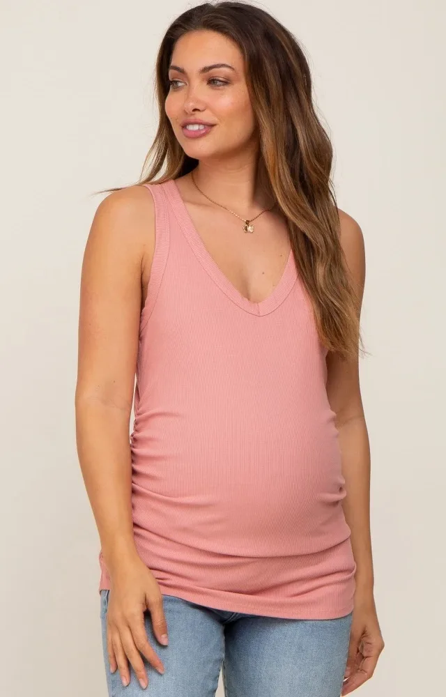 Mauve Ribbed Sleeveless Ruched Maternity Tank Top