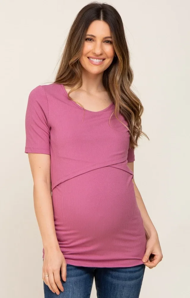 Mauve Ribbed Wrap Front Maternity/Nursing Top