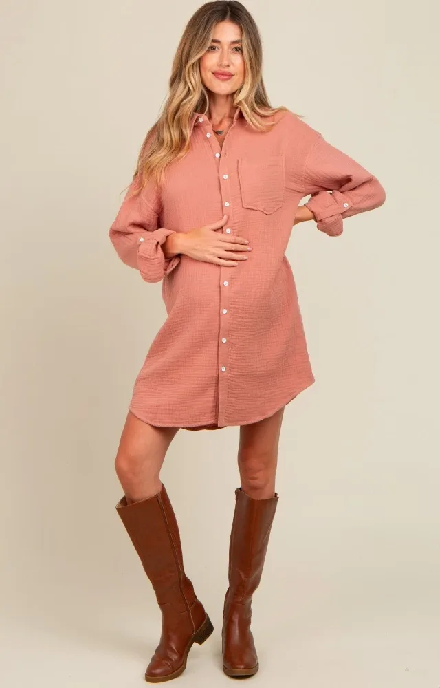 Mauve Rolled Cuff Maternity Button Down Dress