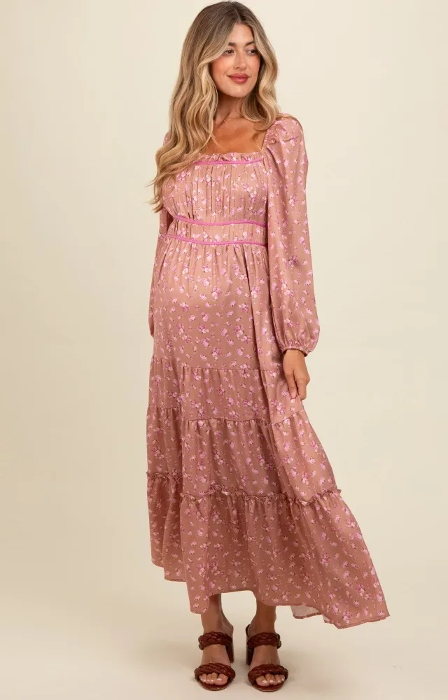 Mauve Satin Floral Pleated Tiered Maternity Maxi Dress