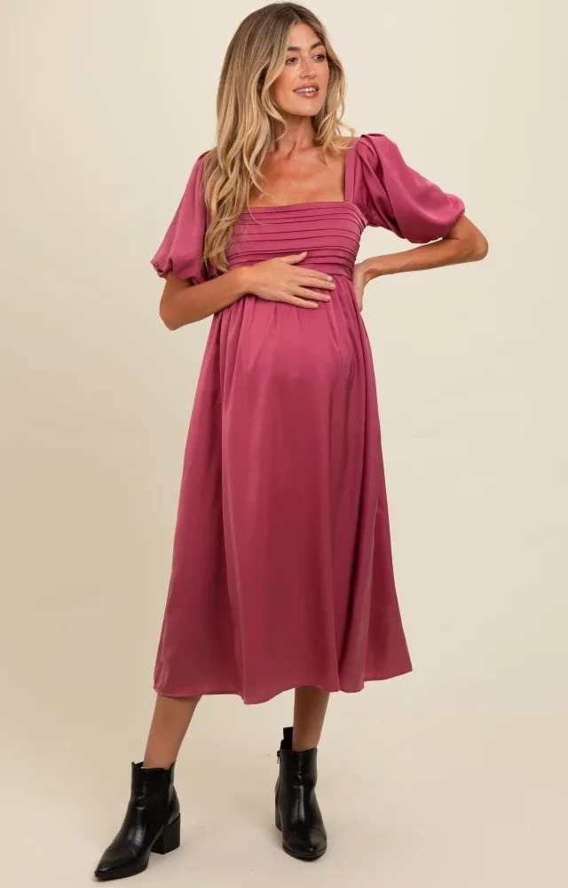 Mauve Satin Pleated Bodice Puff Sleeve Maternity Midi Dress