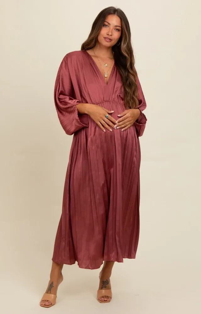 Mauve Satin Pleated V-Neck Maternity Maxi Dress